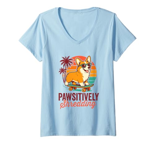 Damen Pawsitively Shredding Vintage Sunset Corgi auf einem Skateboard T-Shirt mit V-Ausschnitt Damen Pawsitively Shredding Vintage Sunset Corgi auf einem Skateboard T-Shirt mit V-Ausschnitt von Summer Palm Trees Sunset Corgi Skater Design