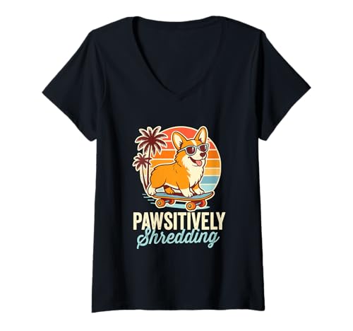 Damen Pawsitively Shredding Vintage Sunset Corgi auf einem Skateboard T-Shirt mit V-Ausschnitt Damen Pawsitively Shredding Vintage Sunset Corgi auf einem Skateboard T-Shirt mit V-Ausschnitt von Summer Palm Trees Sunset Corgi Skater Design