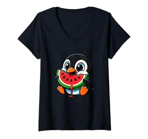 Damen Niedlicher Pinguin-Wassermelonen-Sommer-Cartoon T-Shirt mit V-Ausschnitt von Summer Penguin Watermelon Design