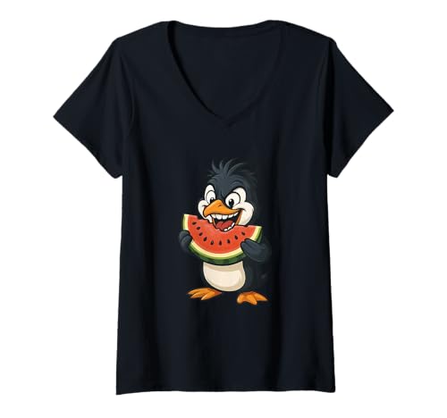 Damen Niedlicher Pinguin isst Wassermelone Sommer T-Shirt mit V-Ausschnitt Damen Niedlicher Pinguin isst Wassermelone Sommer T-Shirt mit V-Ausschnitt von Summer Penguin Watermelon Fruity Designs