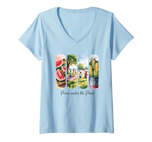 Damen Sommerspaß Outdoor Picknick Erinnerungen T-Shirt mit V-Ausschnitt von Summer Picnic Watermelon Corn Vibes Outdoor