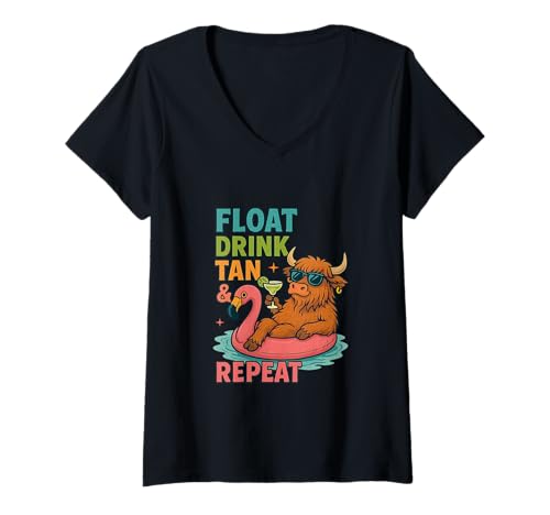 Damen Float Drink Tan & Repeat Summer Pool Fun T-Shirt mit V-Ausschnitt Damen Float Drink Tan & Repeat Summer Pool Fun T-Shirt mit V-Ausschnitt von Summer Pool Vibes Float Relax Fun