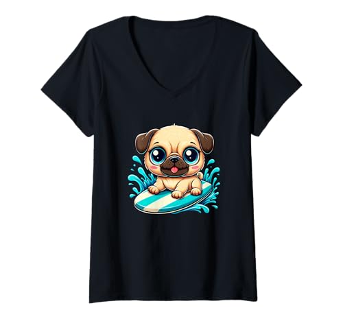 Damen Niedlicher Cartoon-Mops, der auf Einer Sommerwelle Surft T-Shirt mit V-Ausschnitt von Summer Pug Surf Fun Designs