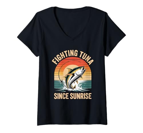 Damen Kampf gegen Thunfisch seit Sonnenaufgang Sommer Salzwasserangeln T-Shirt mit V-Ausschnitt von Summer Saltwater Fishing Fisherman