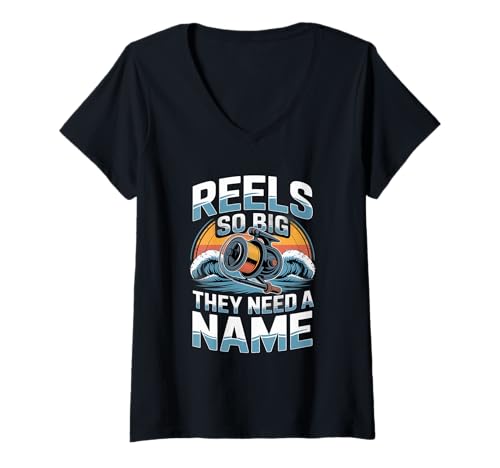 Damen Reels So Big They Need A Name Summer Salzwasser Fishing T-Shirt mit V-Ausschnitt von Summer Saltwater Fishing Fisherman