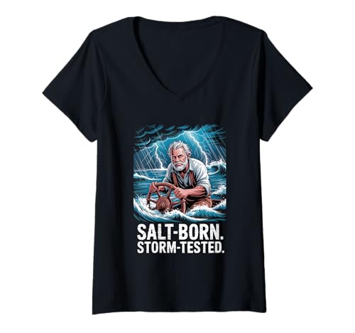 Damen Salt Born Storm Getestet Sommer Salzwasserangeln T-Shirt mit V-Ausschnitt von Summer Saltwater Fishing Fisherman