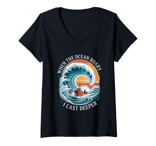 Damen When The Ocean Roars I Cast Deeper Summer Salzwasser Fishing T-Shirt mit V-Ausschnitt von Summer Saltwater Fishing Fisherman