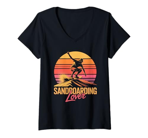 Damen Sandboarder im Retro-Sonnenuntergang für Sommer-Sandboarder T-Shirt mit V-Ausschnitt Damen Sandboarder im Retro-Sonnenuntergang für Sommer-Sandboarder T-Shirt mit V-Ausschnitt von Summer Sandboarding Desert Board Sports