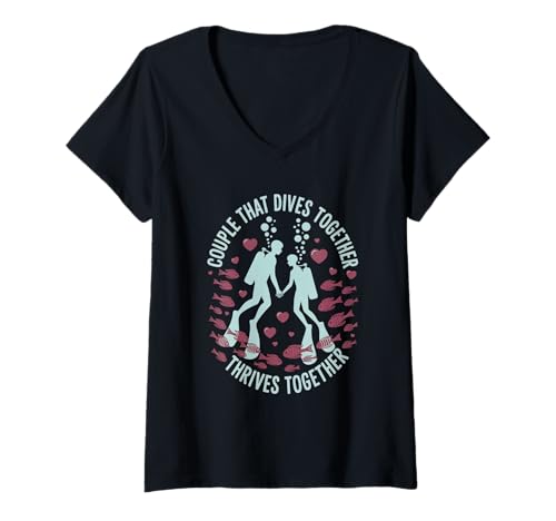 Damen Paar, das zusammen taucht Sommer Tauchen T-Shirt mit V-Ausschnitt von Summer Scuba Diving Scuba Lifestyle