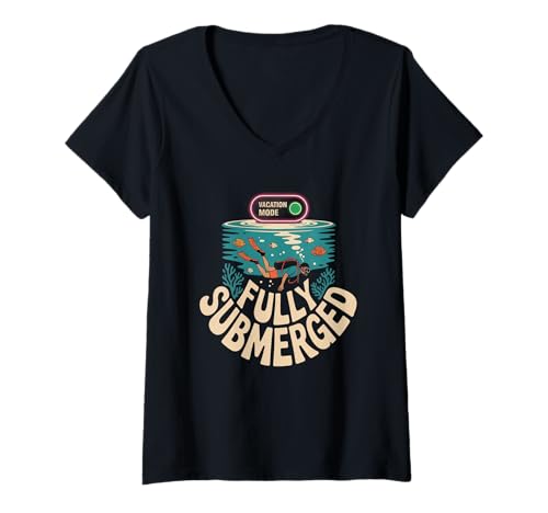 Damen Urlaubsmodus voll untergetauchtes Sommertauchen T-Shirt mit V-Ausschnitt von Summer Scuba Diving Scuba Lifestyle