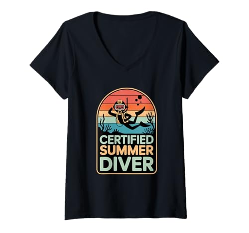 Damen Zertifizierter Sommertaucher Sommertauchen T-Shirt mit V-Ausschnitt von Summer Scuba Diving Scuba Lifestyle