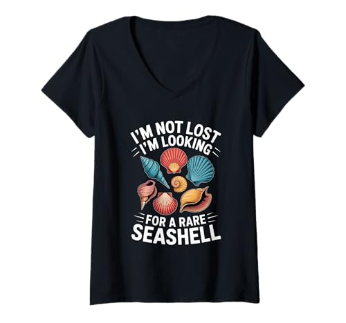 Damen Ich suche nach seltenen Muscheln zum Sammeln von Sommermuscheln T-Shirt mit V-Ausschnitt von Summer Shell Collecting Seashell Hunting