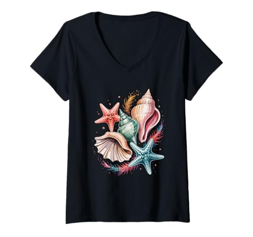 Damen Seestern und Muscheln Sommer Muscheln sammeln T-Shirt mit V-Ausschnitt von Summer Shell Collecting Seashell Hunting