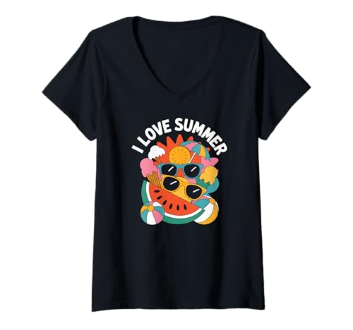 Damen Ich liebe Summer Sun Ice Cream Beach Vibes T-Shirt mit V-Ausschnitt Damen Ich liebe Summer Sun Ice Cream Beach Vibes T-Shirt mit V-Ausschnitt von Summer Sun Beach Vibes Fun Watermelon Slice