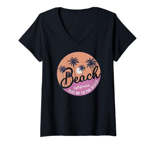 Damen Beach Summer Vacation, Sunshine, Surfing California T-Shirt mit V-Ausschnitt von Summer Surfing Beach Sunset Palm Tree Clothing Co.