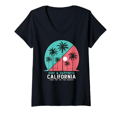 Damen California Summer Vibes, Sunset Wave, Take me to The Beach T-Shirt mit V-Ausschnitt Damen California Summer Vibes, Sunset Wave, Take me to The Beach T-Shirt mit V-Ausschnitt von Summer Surfing Beach Sunset Palm Tree Clothing Co.