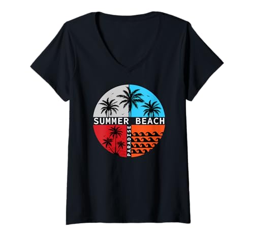 Damen California Vacation, Sunshine, Summer Beach Paradise T-Shirt mit V-Ausschnitt von Summer Surfing Beach Sunset Palm Tree Clothing Co.