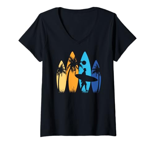 Damen California Vacation, Sunshine Palm Tree, Summer Surfing T-Shirt mit V-Ausschnitt Damen California Vacation, Sunshine Palm Tree, Summer Surfing T-Shirt mit V-Ausschnitt von Summer Surfing Beach Sunset Palm Tree Clothing Co.