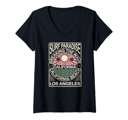 Damen Summer Sunshine Paradise Beach Surf Paradise California T-Shirt mit V-Ausschnitt Damen Summer Sunshine Paradise Beach Surf Paradise California T-Shirt mit V-Ausschnitt von Summer Surfing Beach Sunset Palm Tree Clothing Co.