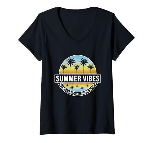 Damen Summer vibes Sunset Wave Beach Sea sunshine Summer T-Shirt mit V-Ausschnitt von Summer Surfing Beach Sunset Palm Tree Clothing Co.