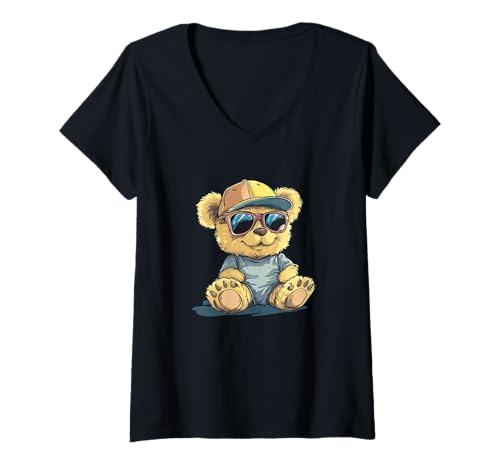 Damen Verspielter Teddybär in Mütze für Snapback-Liebhaber T-Shirt mit V-Ausschnitt Damen Verspielter Teddybär in Mütze für Snapback-Liebhaber T-Shirt mit V-Ausschnitt von Summer Teddy Bear