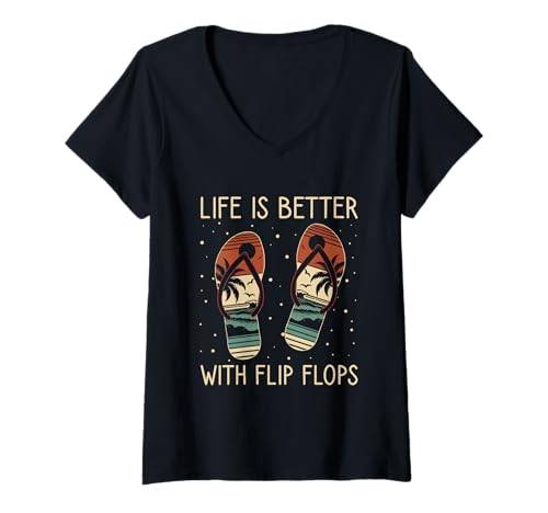 Damen Das Leben ist besser mit Flip Flops Summer Time Top Beach T-Shirt mit V-Ausschnitt von Summer Time Tops Life Is Better With Flip Flops