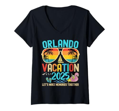 Damen Retro-Urlaub in Orlando 2025, passende Gruppe für Familie und Freunde T-Shirt mit V-Ausschnitt von Summer Vacation 2025 Family & Friends Group Trip