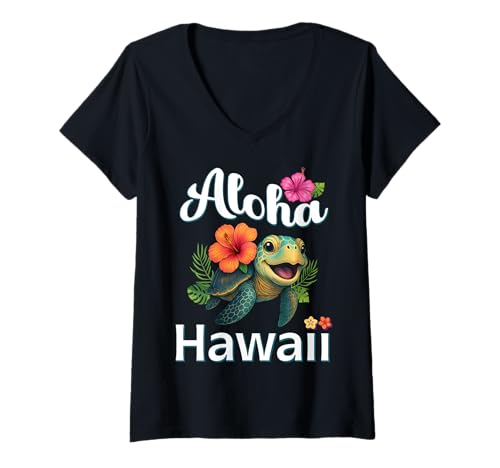Damen Aloha Hawaii Schildkröte Hawaii Island Kinder Kleinkind Männer Frauen T-Shirt mit V-Ausschnitt Damen Aloha Hawaii Schildkröte Hawaii Island Kinder Kleinkind Männer Frauen T-Shirt mit V-Ausschnitt von Summer Vacation Aloha Hawaii Family Trip