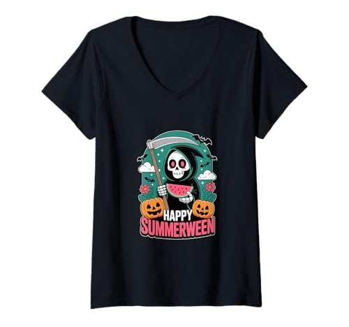 Damen Happy Summerween Skelett Jack-O-Laterne Sommer Wassermelone T-Shirt mit V-Ausschnitt Damen Happy Summerween Skelett Jack-O-Laterne Sommer Wassermelone T-Shirt mit V-Ausschnitt von Summer Vacation Spooky Halloween Party