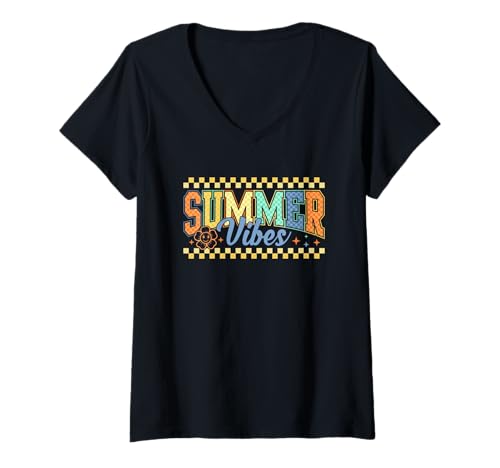 Damen Summer Vibes Bunter Retro-Blumenlook T-Shirt mit V-Ausschnitt Damen Summer Vibes Bunter Retro-Blumenlook T-Shirt mit V-Ausschnitt von Summer Vibes Bright Colors Retro Style