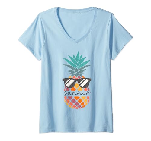 Damen Coole Ananas mit Sonnenbrille Summer Vibes T-Shirt mit V-Ausschnitt von Summer Vibes Collection