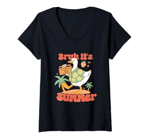 Damen Bruh It's Summer Duck Boombox Beach Vibes T-Shirt mit V-Ausschnitt Damen Bruh It's Summer Duck Boombox Beach Vibes T-Shirt mit V-Ausschnitt von Summer Vibes Duck Fun Tropical Chill
