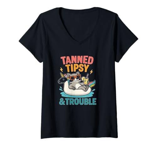 Damen Gebräunter Tipsy & Trouble Waschbär, Sommerspaß T-Shirt mit V-Ausschnitt Damen Gebräunter Tipsy & Trouble Waschbär, Sommerspaß T-Shirt mit V-Ausschnitt von Summer Vibes Fun Raccoon Pool Party Relax