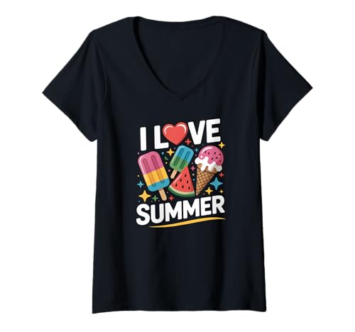 Damen Ich liebe Summer Ice Cream Popsicle Fun T-Shirt mit V-Ausschnitt Damen Ich liebe Summer Ice Cream Popsicle Fun T-Shirt mit V-Ausschnitt von Summer Vibes Ice Cream Popsicle Watermelon