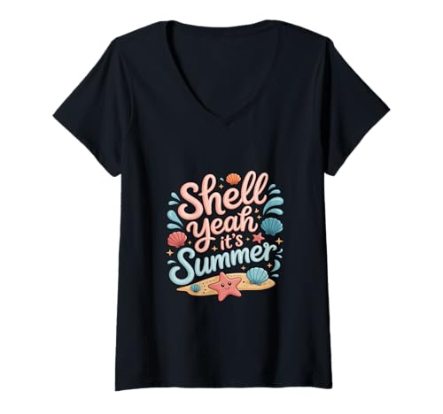 Damen Shell Yeah It's Summer Seashells Seestern Beach T-Shirt mit V-Ausschnitt Damen Shell Yeah It's Summer Seashells Seestern Beach T-Shirt mit V-Ausschnitt von Summer Vibes Only