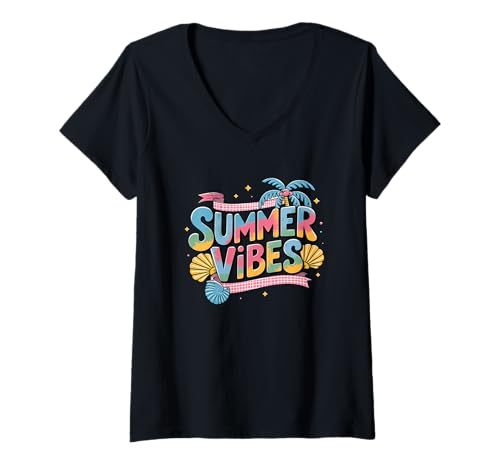 Damen Summer Vibes Bunte Palmenstrandmuscheln Spaß T-Shirt mit V-Ausschnitt Damen Summer Vibes Bunte Palmenstrandmuscheln Spaß T-Shirt mit V-Ausschnitt von Summer Vibes Palm Trees Shells Beach Sun Relax