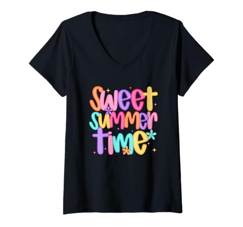Damen Sweet Summer Time Bunte Textspaß T-Shirt mit V-Ausschnitt Damen Sweet Summer Time Bunte Textspaß T-Shirt mit V-Ausschnitt von Summer Vibes Relax Beach Fun Outdoor