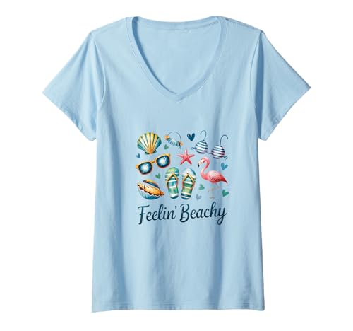 Damen Feelin' Beachy Sommer-Flamingo-Flip-Flops T-Shirt mit V-Ausschnitt Damen Feelin' Beachy Sommer-Flamingo-Flip-Flops T-Shirt mit V-Ausschnitt von Summer Vibes Shells Flamingo Flip Flops