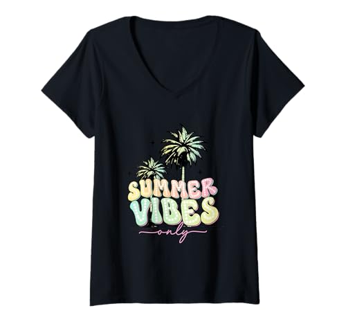 Damen Summer Vibes Only Beach Palmen Fun T-Shirt mit V-Ausschnitt Damen Summer Vibes Only Beach Palmen Fun T-Shirt mit V-Ausschnitt von Summer Vibes Tropical Beach Fun Relaxation