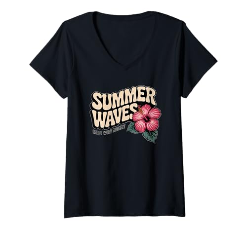 Damen Summer Typografie Retro Summer Vibes Design Wellen T-Shirt mit V-Ausschnitt Damen Summer Typografie Retro Summer Vibes Design Wellen T-Shirt mit V-Ausschnitt von Summer Vibes Typography Apparel