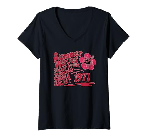 Damen Vibes Design Summer Waves Typografie Retro Sommer T-Shirt mit V-Ausschnitt von Summer Vibes Typography Apparel