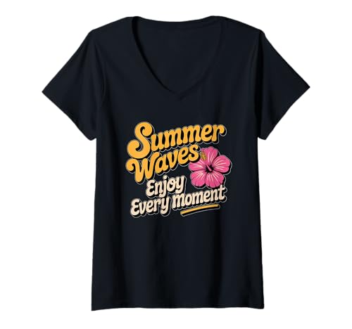 Damen Vibes Design Typografie Sommer Wellen Retro Sommer T-Shirt mit V-Ausschnitt von Summer Vibes Typography Apparel