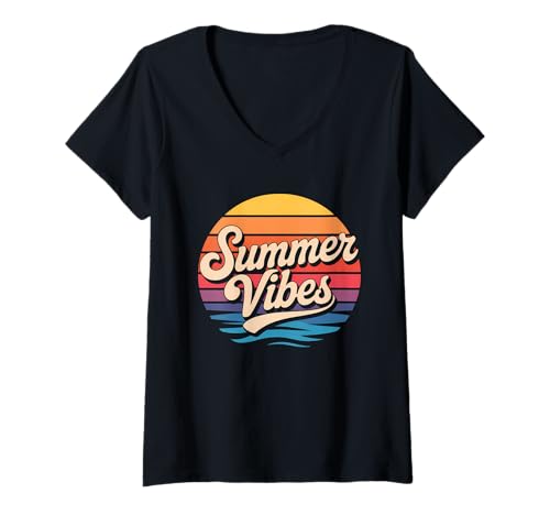Damen Palmen Summer Vibes Retro Surf Sunset Beach T-Shirt mit V-Ausschnitt Damen Palmen Summer Vibes Retro Surf Sunset Beach T-Shirt mit V-Ausschnitt von Summer Vintage Vibes Surf Apparel Surfing