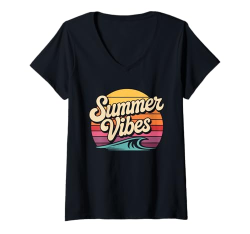 Damen Retro Surf Sonnenuntergang Strand Palmen Summer Vibes T-Shirt mit V-Ausschnitt Damen Retro Surf Sonnenuntergang Strand Palmen Summer Vibes T-Shirt mit V-Ausschnitt von Summer Vintage Vibes Surf Apparel Surfing