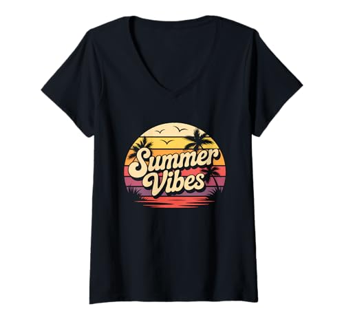 Damen Retro Surf Sonnenuntergang Strand Palmen Summer Vibes T-Shirt mit V-Ausschnitt von Summer Vintage Vibes Surf Apparel Surfing