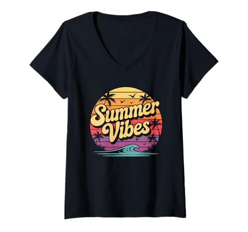 Damen Sunset Beach Summer Vibes Retro Surf Palmen T-Shirt mit V-Ausschnitt von Summer Vintage Vibes Surf Apparel Surfing