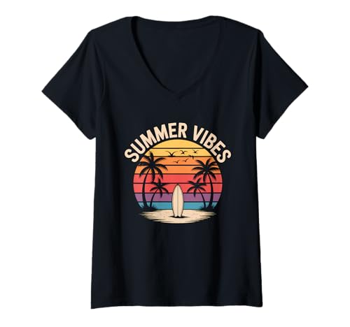Damen Surf Sunset Summer Vibes Retro Beach Palmen T-Shirt mit V-Ausschnitt Damen Surf Sunset Summer Vibes Retro Beach Palmen T-Shirt mit V-Ausschnitt von Summer Vintage Vibes Surf Apparel Surfing