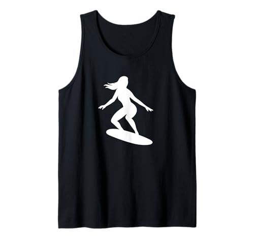 Minimalistische Surf-Silhouette Frauen Sommerurlaub Tank Top Minimalistische Surf-Silhouette Frauen Sommerurlaub Tank Top von Summer Waves Surfing Outfits Female Silhouette