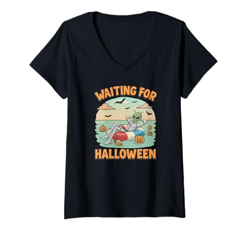 Damen Ich warte auf Halloween Alien Summerween T-Shirt mit V-Ausschnitt Damen Ich warte auf Halloween Alien Summerween T-Shirt mit V-Ausschnitt von Summer Ween Beach Vacation Co.