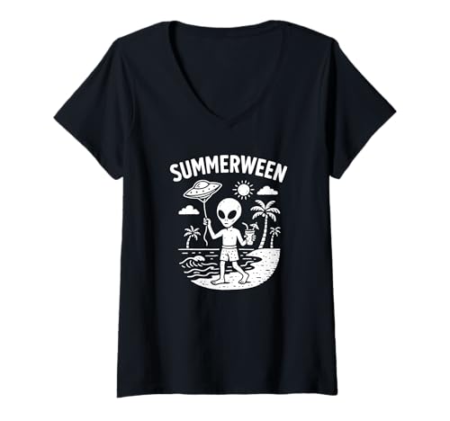 Damen Summerween Sommer Halloween Alien Summerween Alien T-Shirt mit V-Ausschnitt Damen Summerween Sommer Halloween Alien Summerween Alien T-Shirt mit V-Ausschnitt von Summer Ween Beach Vacation Co.